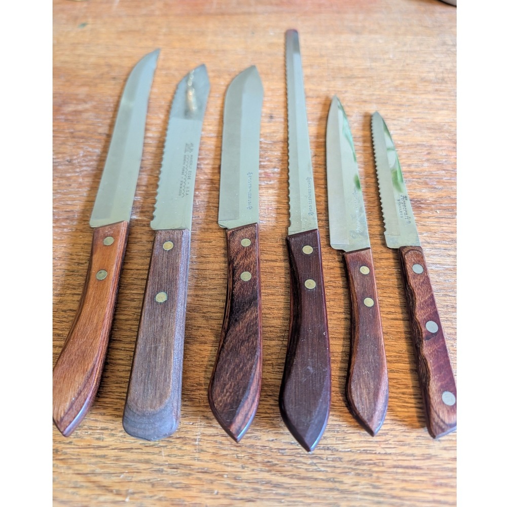 Vintage 1960s EKCO Forgecraft Waverly Wood Handle Kitchen Knife Set 6 Piece USA